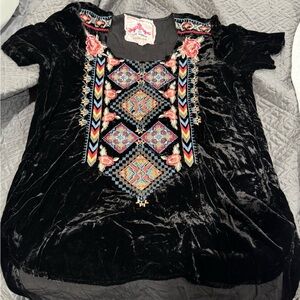 Johnny Was Black Velvet Tunic with Colorful Embroidery